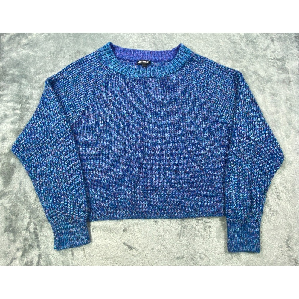 Express Sweater Cropped Women M Blue Round Neck Pullover Color Twist Long Sleeve